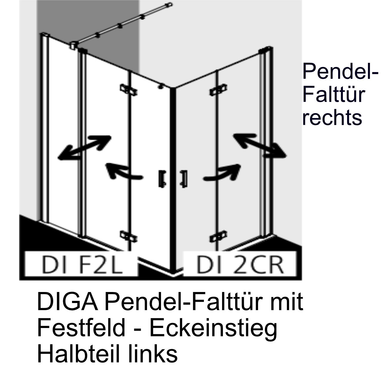 Kermi Pendel-Falttür mit Festfeld 2-teilig Halbteil links „Diga“ Glas Klar, Falttür BV: 880 - 900 mm GAK: 865 - 885 mm WE: 890 - 910 mm H: 1850 mm