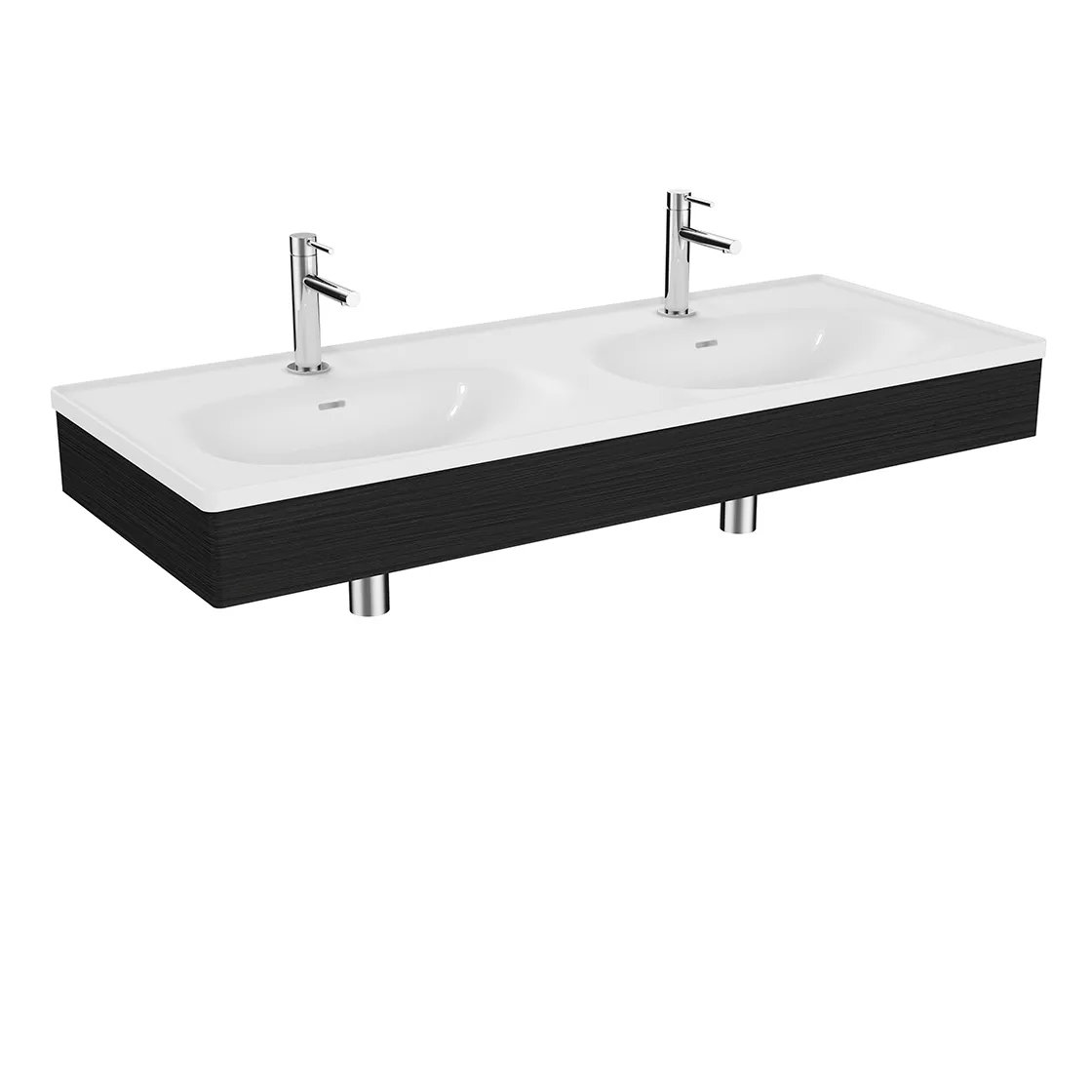 Equal Set Doppelwaschtisch 130 cm mit Holzblende 2 Becken 2 Hahnlöcher Schwarz-Eiche Equal Set Doppelwaschtisch 130 cm mit Holzblende 2 Becken 2 Hahnlöcher Schwarz-Eiche