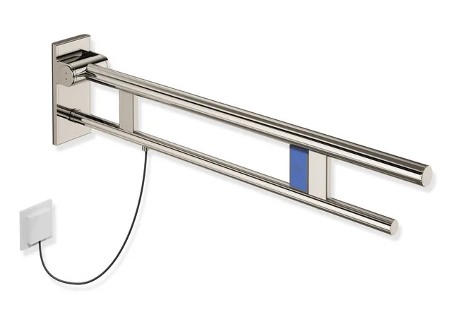 HEWI Stützklappgriff Duo System 900, Design A, Edelstahl PVD nickelglänzend, Ausladung 850 mm, Spülauslösung links, Höhe 210 mm, Breite 101 mm HEWI Stützklappgriff Duo System 900, Design A, Edelstahl PVD nickelglänzend, Ausladung 850 mm, Spülauslösung links, Höhe 210 mm, Breite 101 mm