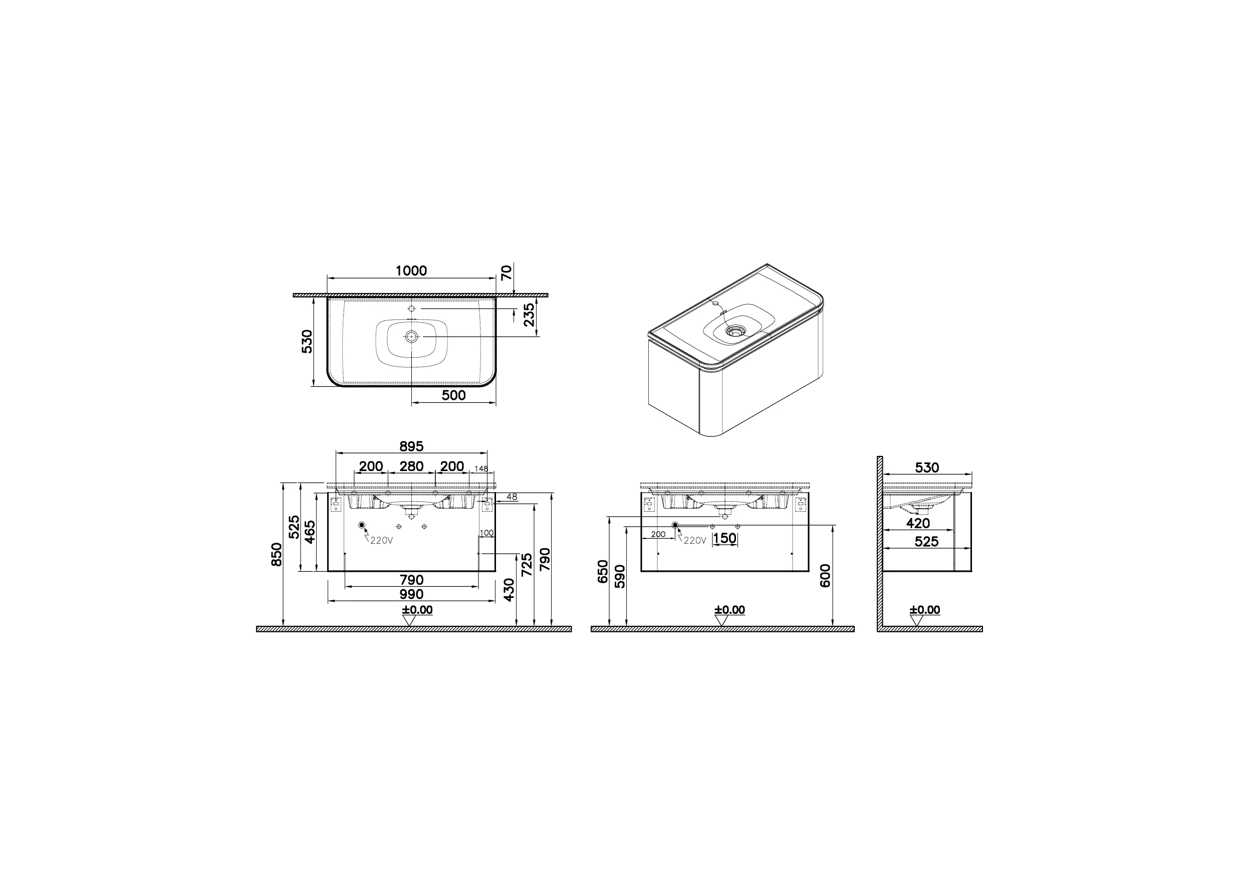 Glora Set Möbelwaschtisch + Waschtischunterschrank mit LED-Ambientebeleuchtung 100 x 53 x 52 cm (BxTxH) Wandmontage Weiß Hochglanz + Taupe Matt