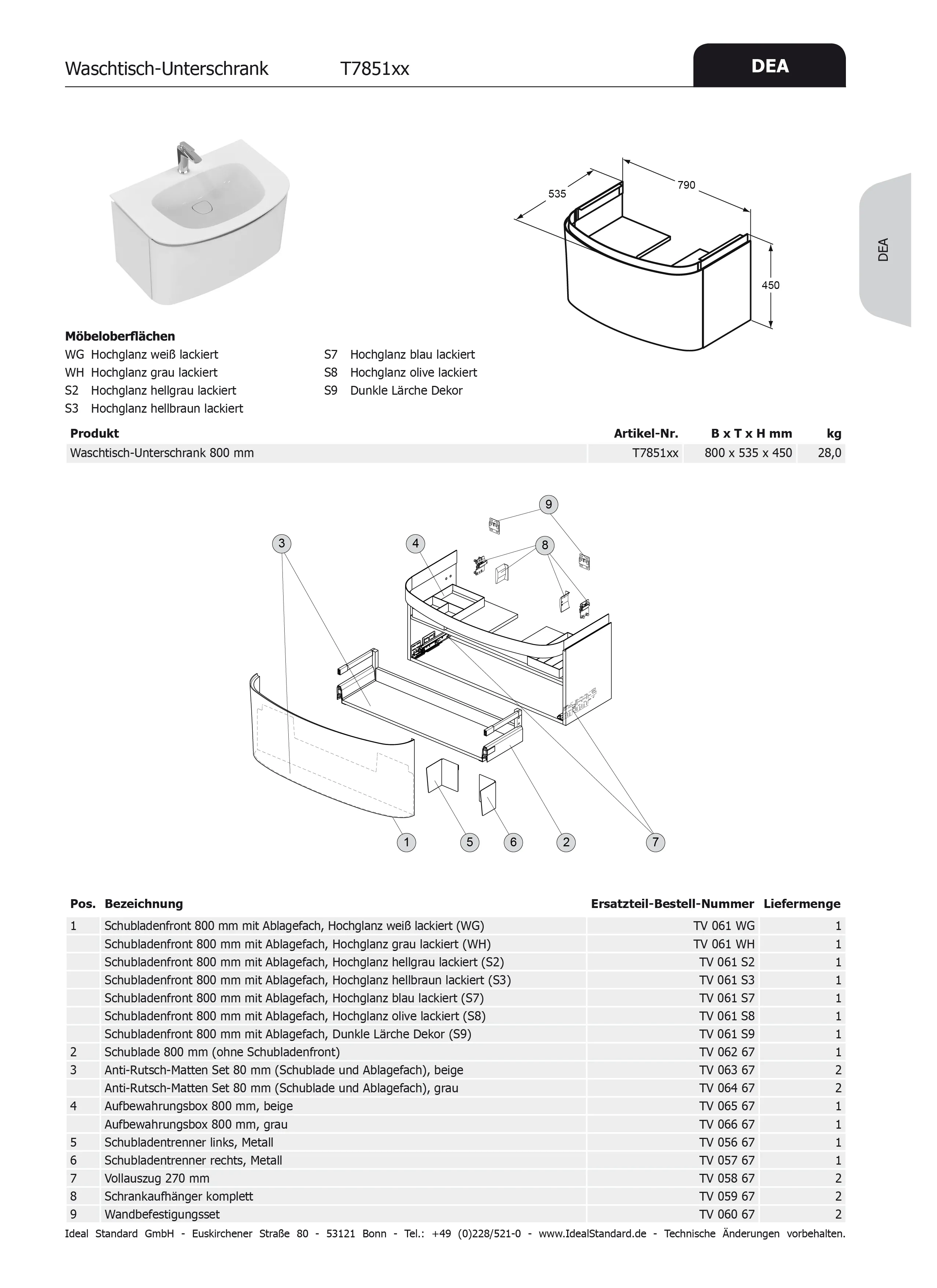 Ideal Standard Aufbewahrungsbox Dea, 800 mm Breite für Waschtischunterschrank