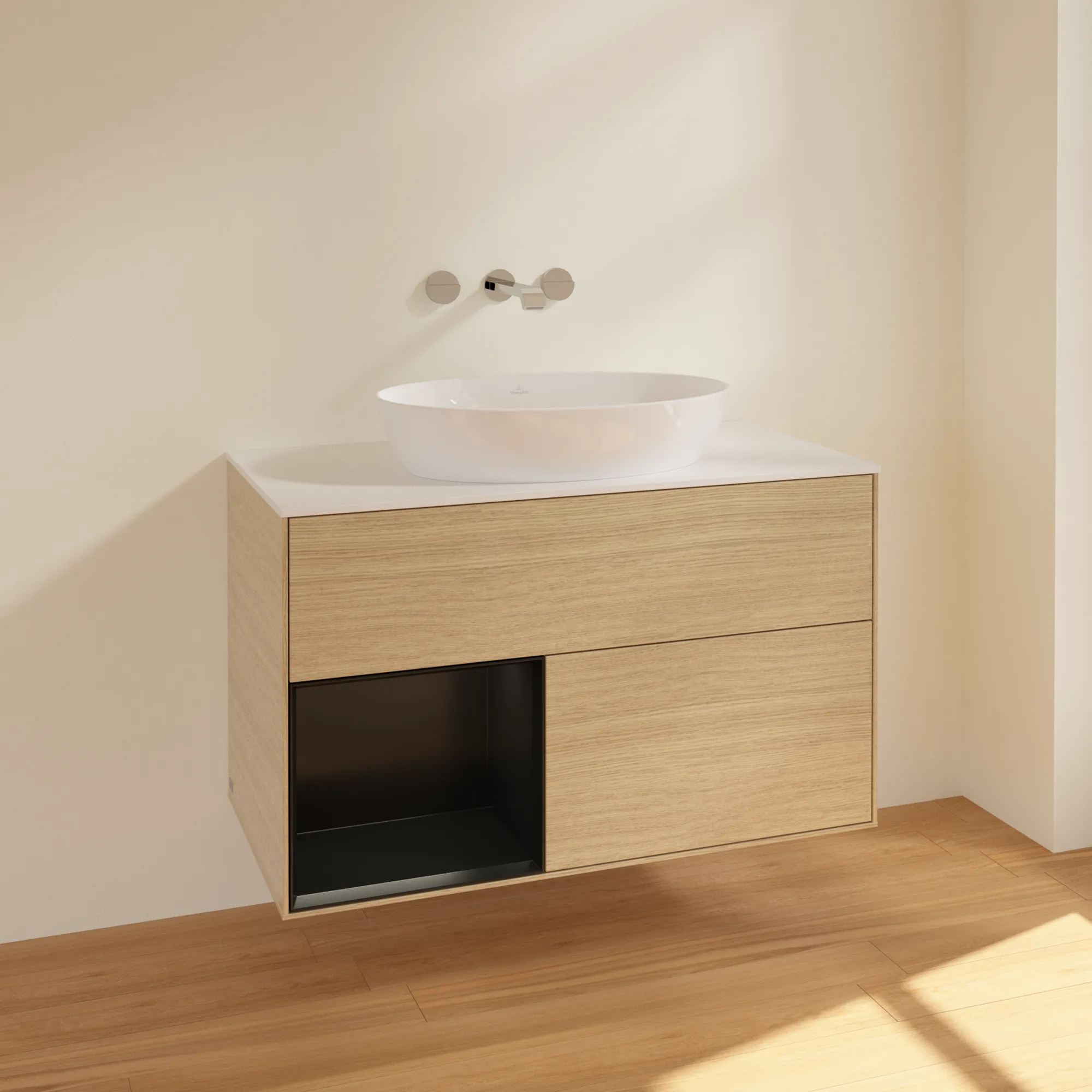 Villeroy & Boch Waschtischunterschrank „Finion“ für Schrankwaschtisch 1000 × 603 × 501 mm Oak Veneer, für Becken mittig, ohne Hahnlochbohrung Villeroy & Boch Waschtischunterschrank „Finion“ für Schrankwaschtisch 1000 × 603 × 501 mm Oak Veneer, für Becken mittig, ohne Hahnlochbohrung