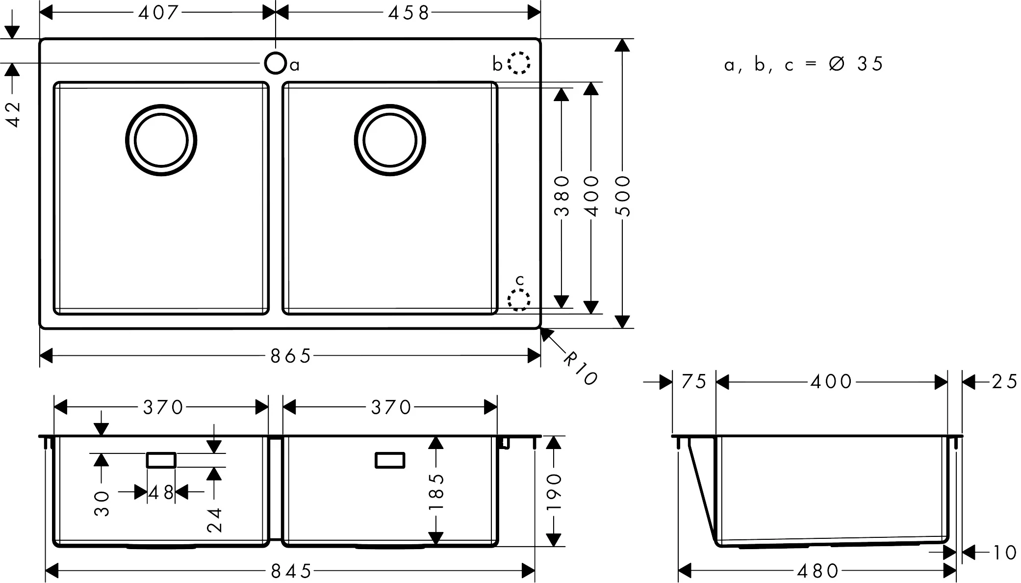 Hansgrohe Einbauspüle S71 Edelstahl, 370x370 mm, 2 Hauptbecken, flach aufliegend oder flächenbündig