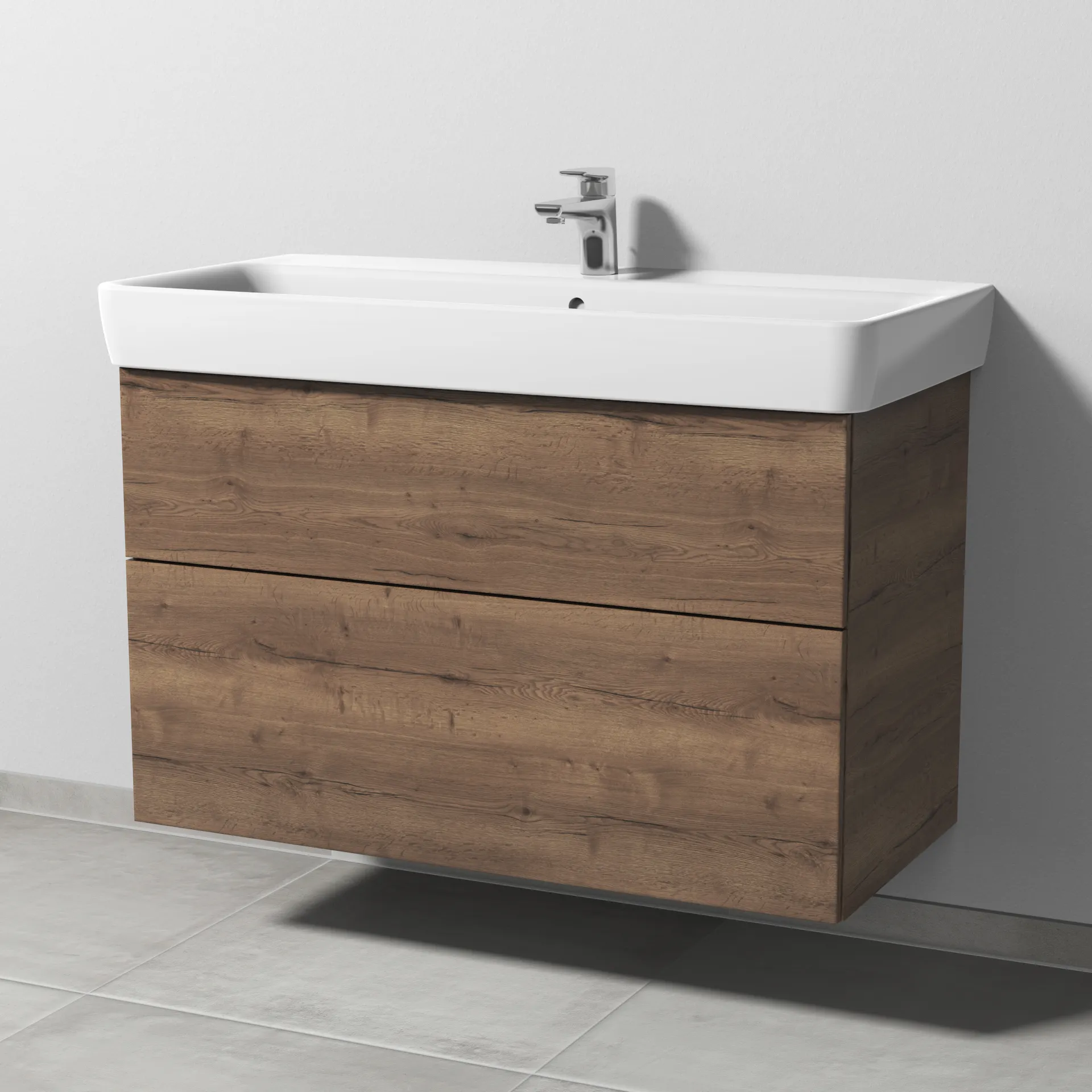 Sanipa Waschtischunterschrank „3way“ passend zu Keramik-Waschtische Renova Plan von Geberit 940 × 588 × 447 mm in Eiche Tabak, Becken mittig