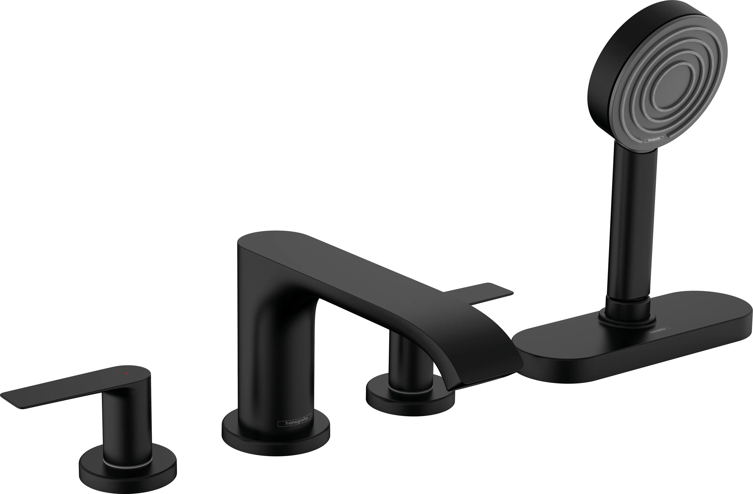 Hansgrohe Vivenis 4-Loch Wannenrandarmatur mattschwarz, DN15, max. Durchfluss 23,9 l/min, PowderRain-Handbrause, sBox für leisen Schlauch