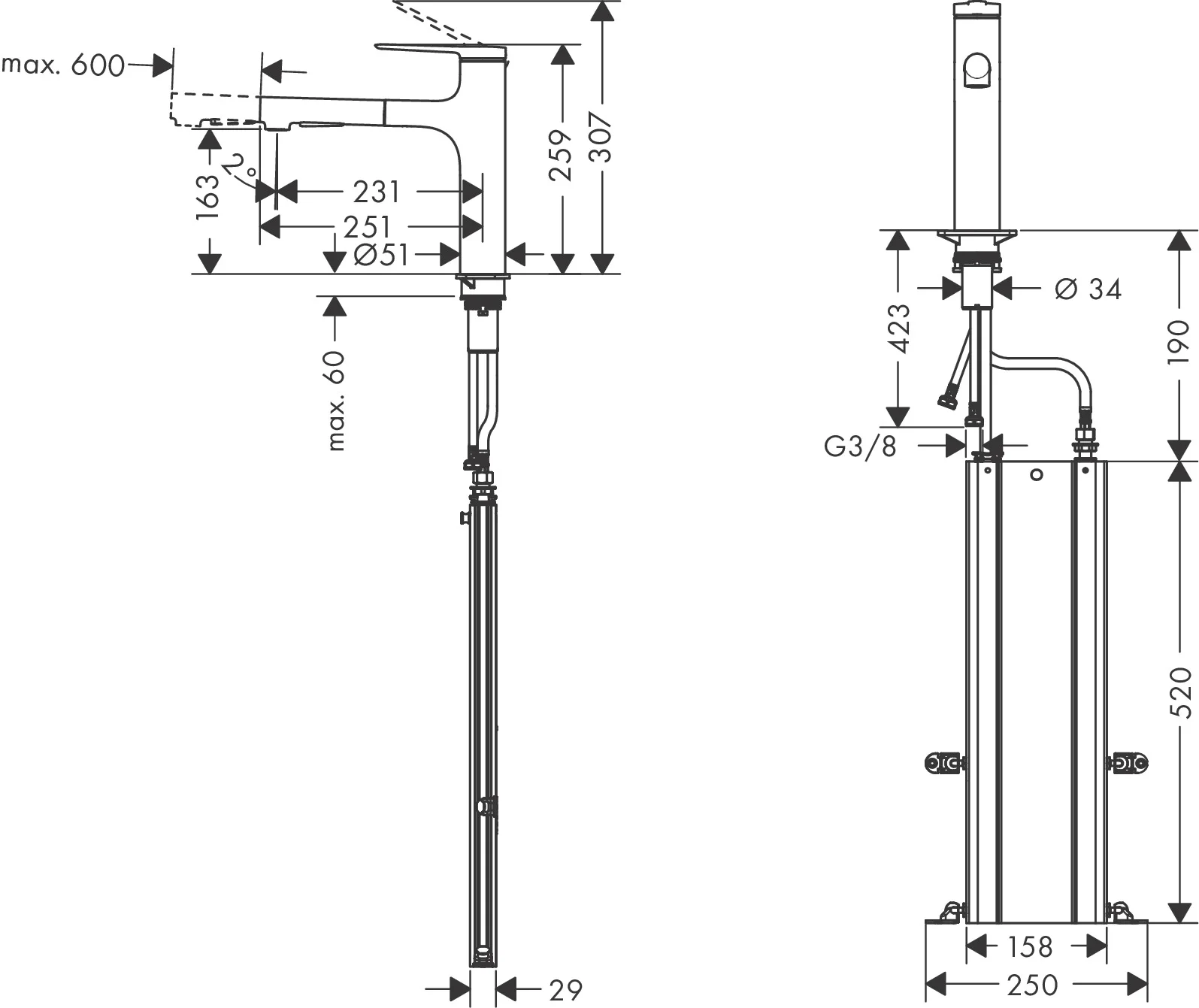 Hansgrohe Zesis M33 Einhebel-Küchenmischer 160 mit Metall-Ausziehbrause Pro 2jet sBox in Chrom, Schwenkbereich 150°, Laminarstrahl und Brausestrahl, Auszugslänge bis zu 60 cm