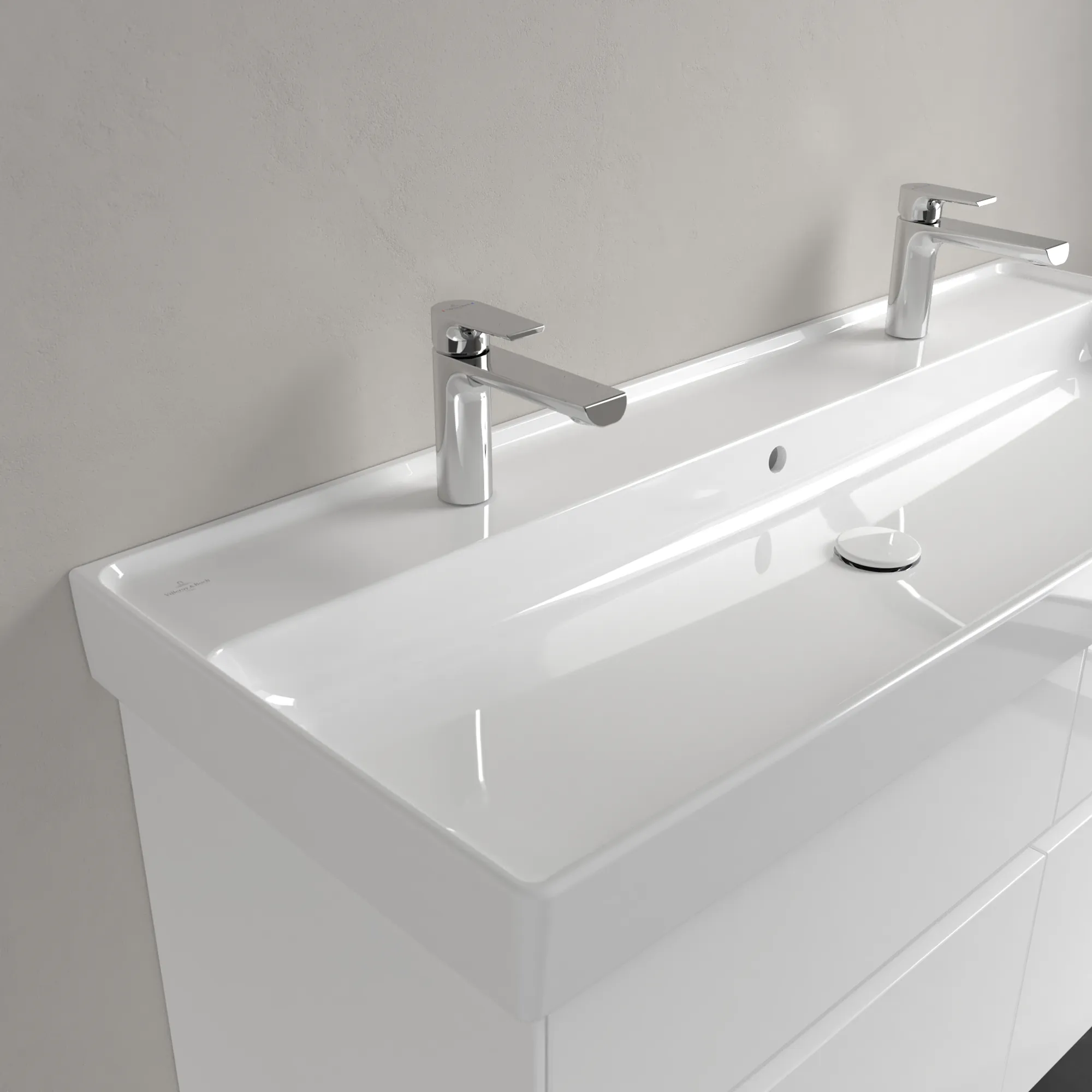 Villeroy & Boch Schrankwaschtisch aus TitanCeram „Collaro“ 1200 × 470 × 160 mm, Hahnlochposition links und rechts, mit Hahnlochbohrung in Weiß Alpin Villeroy & Boch Schrankwaschtisch aus TitanCeram „Collaro“ 1200 × 470 × 160 mm, Hahnlochposition links und rechts, mit Hahnlochbohrung in Weiß Alpin