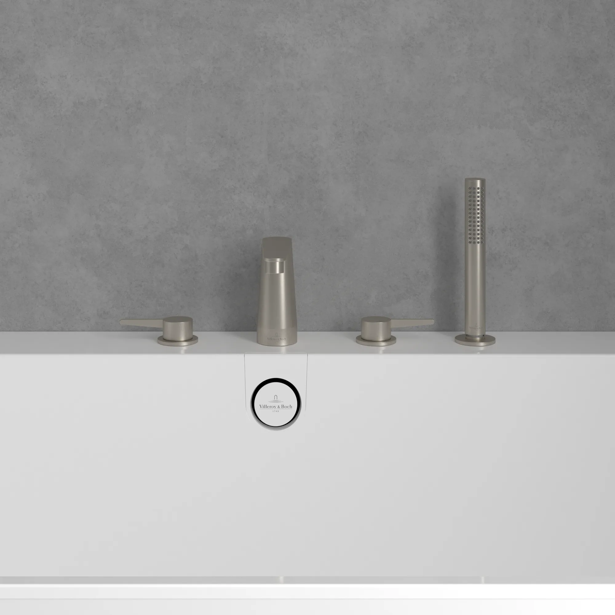 Zweihand-Wannenarmatur „Conum“ Ausladung 129 mm in Brushed Nickel Matt Zweihand-Wannenarmatur „Conum“ Ausladung 129 mm in Brushed Nickel Matt
