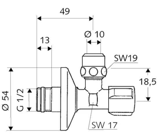 Eckventil mit Regulierfunktion COMFORT, doppelter Rückflussverhinderer RV (EN 1717: ED), COMFORT-Griff, Schubrosette Ø 54 mm, DN 15 G 1/2 AG mit ASAG easy, Ø 10 mm (DN 10 G 3/8 AG), chrom