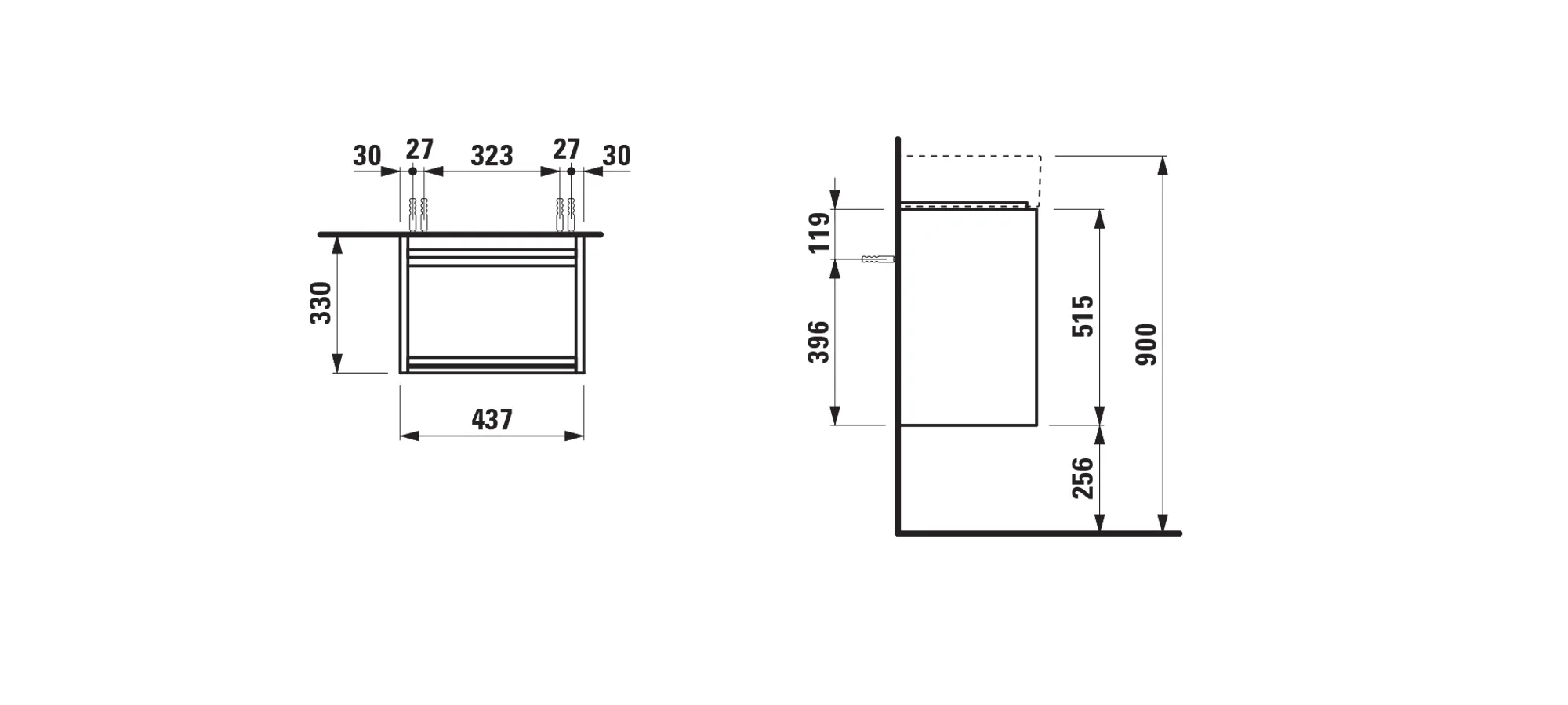 Waschtischunterbau LANI 330x437x515 1 Tür Scharnier links integrierte Griffleiste und Soft-Close 1 Glasablage (fix) für Waschtisch Kartell • H815330 weiß matt Waschtischunterbau LANI 330x437x515 1 Tür Scharnier links integrierte Griffleiste und Soft-Close 1 Glasablage (fix) für Waschtisch Kartell • H815330 weiß matt