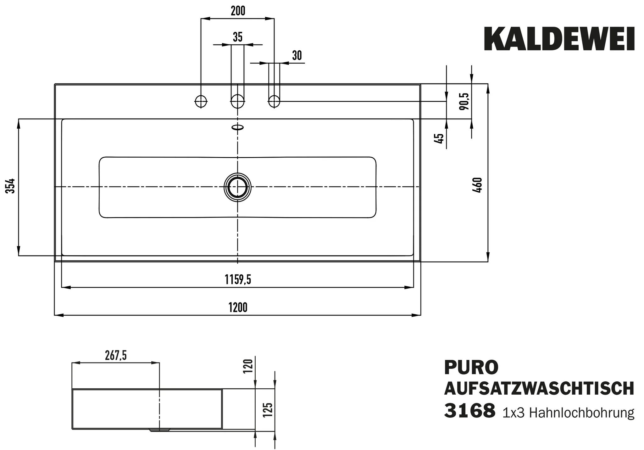 Kaldewei PURO Aufsatzwaschtisch, 1200x460 mm, Randhöhe 120 mm, alpinweiß, Perl-Effekt, 3er Hahnlochbohrung mit Überlaufgarnitur
