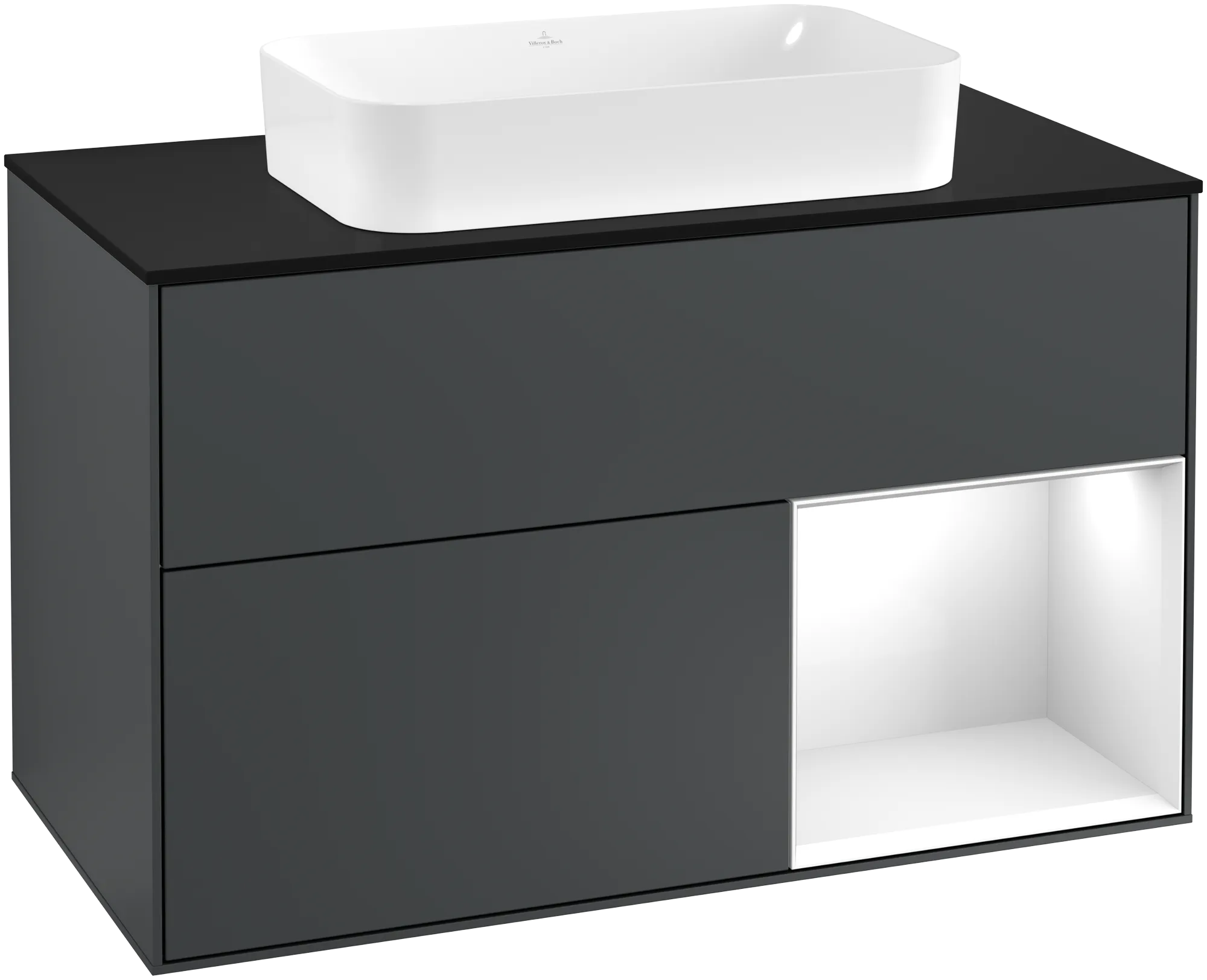 Villeroy & Boch Finion Waschbeckenunterschrank F25, 1000 x 603 x 501 mm, Midnight Blue Matt Lacquer / Glossy White Lacquer / Glass Black Matt