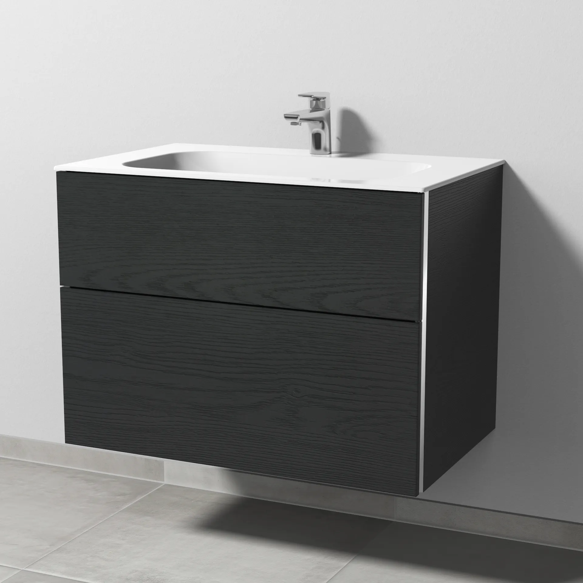 Sanipa Keramik-Waschtisch-Waschtischunterschrank mit Waschtischunterschrank „3way“ 790 × 582 × 497 mm in Black Oak, mit Hahnlochbohrung, Becken mittig