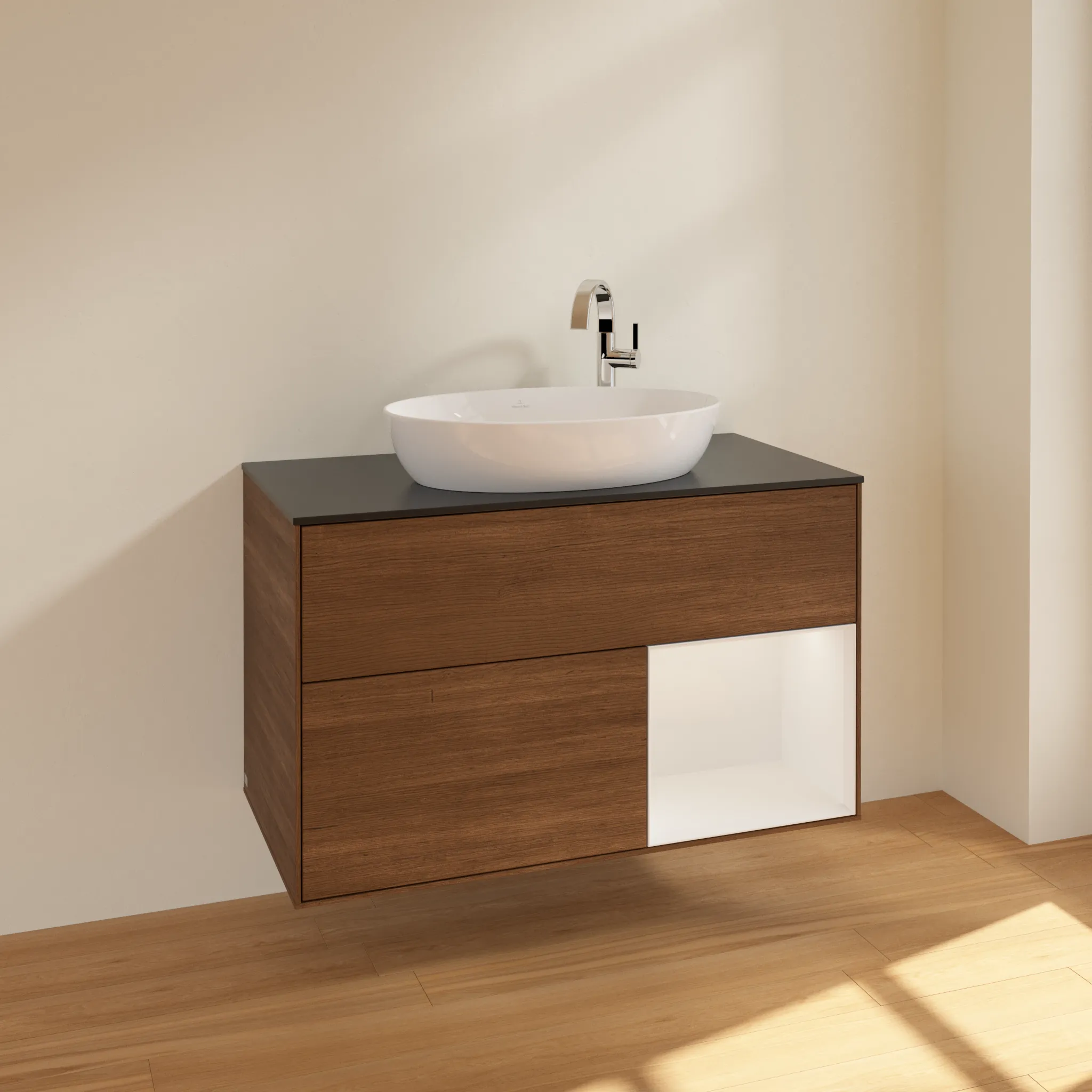 Villeroy & Boch Waschtischunterschrank „Finion“ für Schrankwaschtisch 1000 × 603 × 501 mm Walnut Veneer, für Becken mittig, mit Hahnlochbohrung Villeroy & Boch Waschtischunterschrank „Finion“ für Schrankwaschtisch 1000 × 603 × 501 mm Walnut Veneer, für Becken mittig, mit Hahnlochbohrung