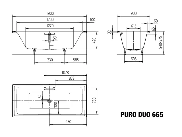 Kaldewei Badewanne „Puro Duo“ rechteck 190 × 90 cm, ohne Grifflochbohrungen in alpinweiß