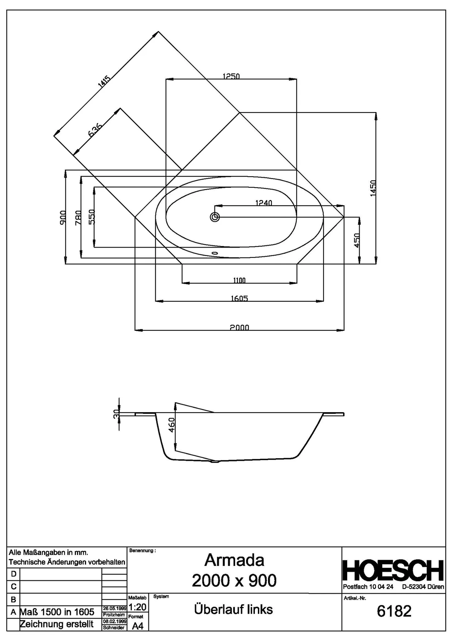 Hoesch Badewanne „Armada“ mit versetztem Überlauf sechseck 200 × 90 cm, links in Weiß