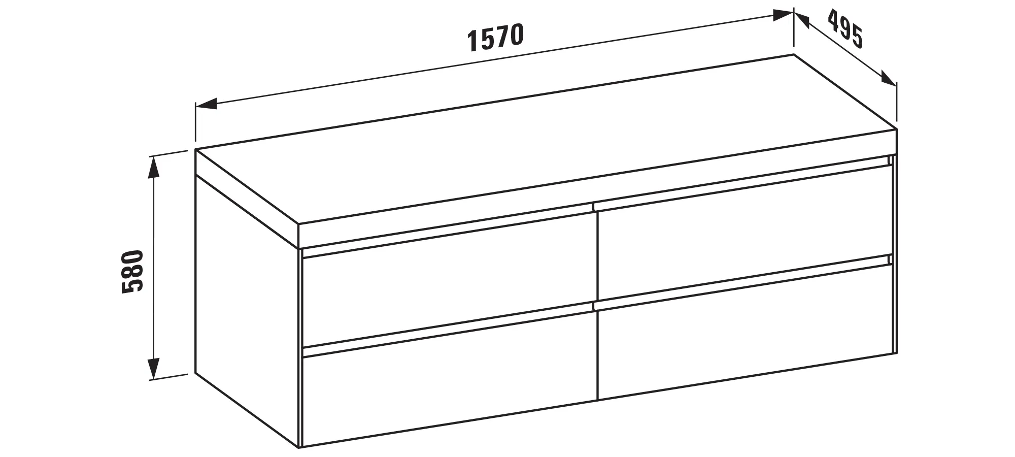 Waschtischunterbau+Waschtischplatte (MODULAR SYSTEM) LANI 495x1570x580 ohne Ausschnitt Abdeckplatte 65 mm (Farbe: .260 weiß matt), mit 4 Schubladen (800 mm links + 800 mm rechts) integrierter Griffleiste Vollauszug und Soft-Close weiß matt