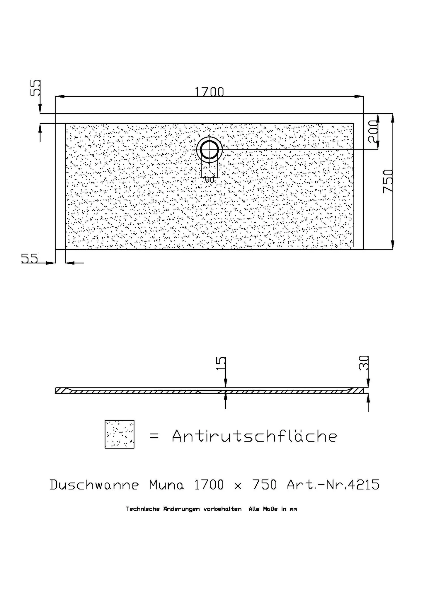 Hoesch Muna Duschwanne Mineralguss Solique Weiß 1700x750x30 mit Antirutsch