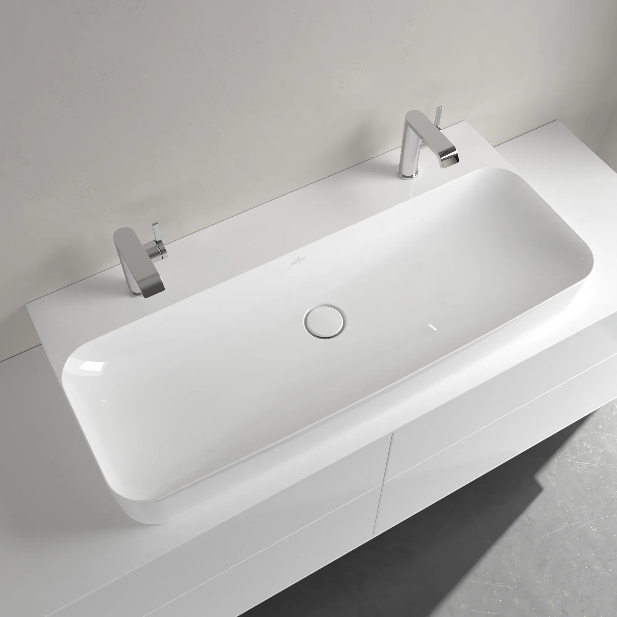 Villeroy & Boch Wandwaschtisch aus TitanCeram geschliffen „Finion“ 1000 × 470 × 165 mm, Hahnlochposition links und rechts, mit Hahnlochbohrung in Weiß Alpin, mit CeramicPlus Villeroy & Boch Wandwaschtisch aus TitanCeram geschliffen „Finion“ 1000 × 470 × 165 mm, Hahnlochposition links und rechts, mit Hahnlochbohrung in Weiß Alpin, mit CeramicPlus