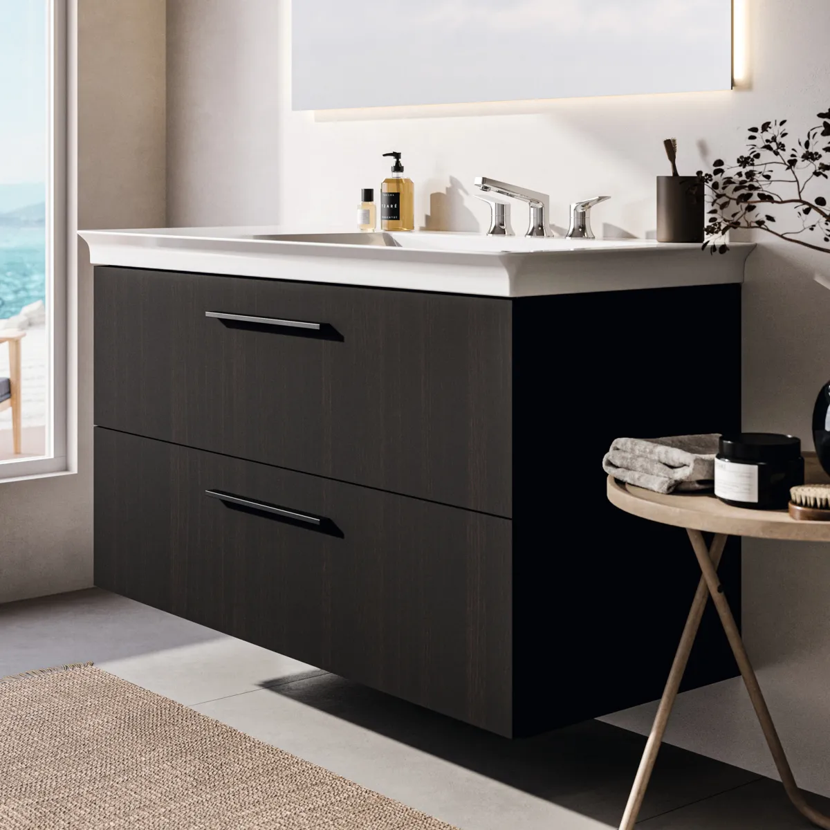 Möbelwaschtischunterschrank i.life B 2 Auszüge Siphonausschnitt auf der rechten Seite 1200x505x630mm Weiß matt