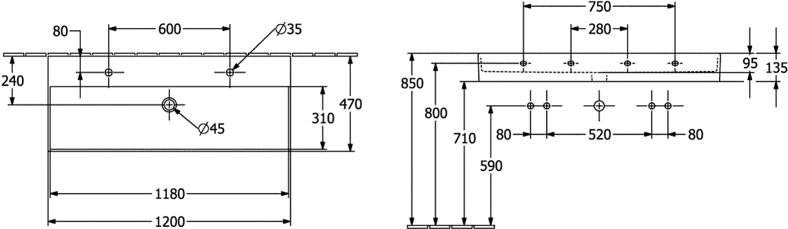 Villeroy & Boch Wandwaschtisch aus TitanCeram „Memento 2.0“ 1200 × 470 × 150 mm, Hahnlochposition links und rechts, mit Hahnlochbohrung in Weiß Alpin Villeroy & Boch Wandwaschtisch aus TitanCeram „Memento 2.0“ 1200 × 470 × 150 mm, Hahnlochposition links und rechts, mit Hahnlochbohrung in Weiß Alpin