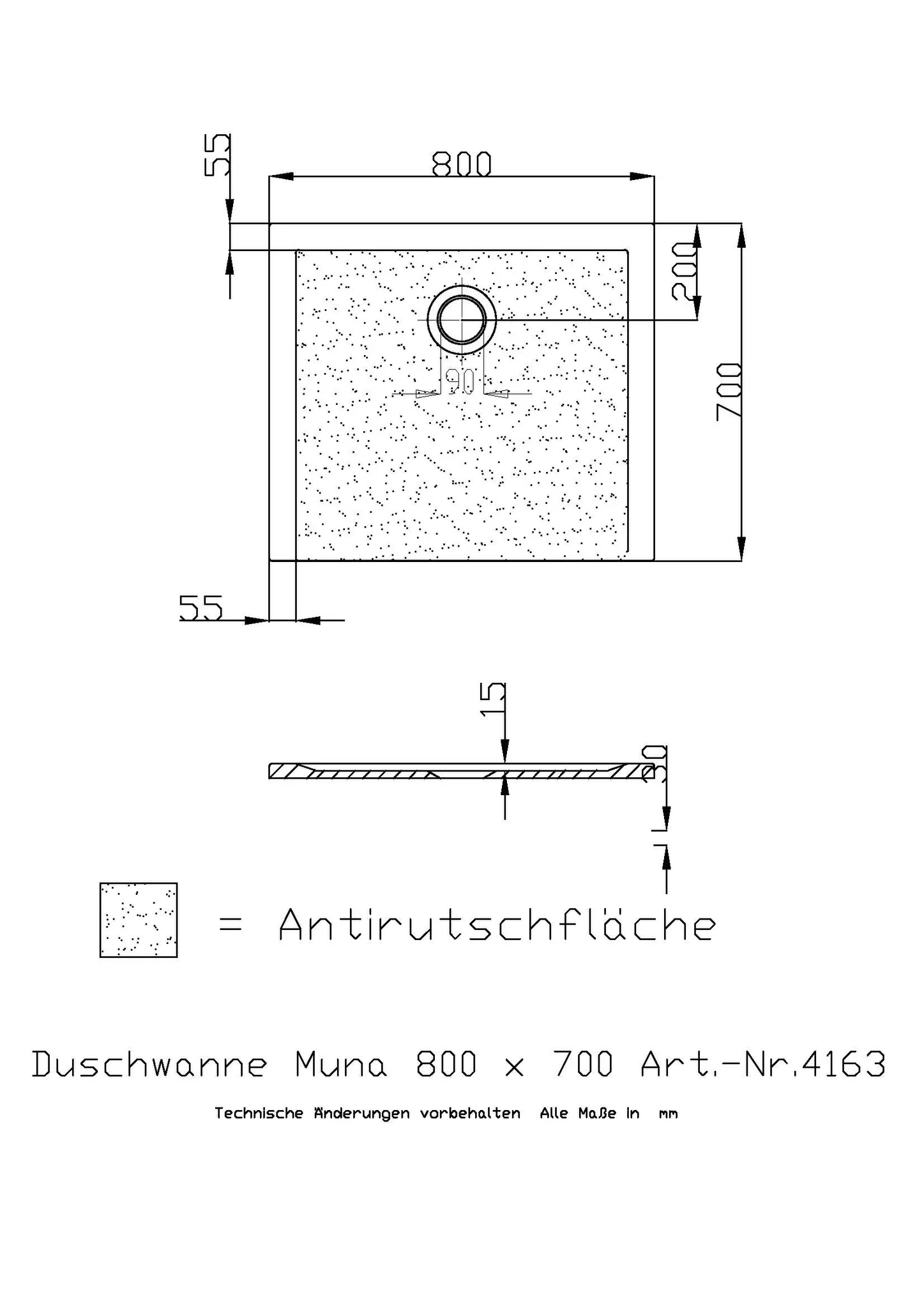 Hoesch Muna Duschwanne 800x700x30 mit Antirutsch, Material Solique, Weiß
