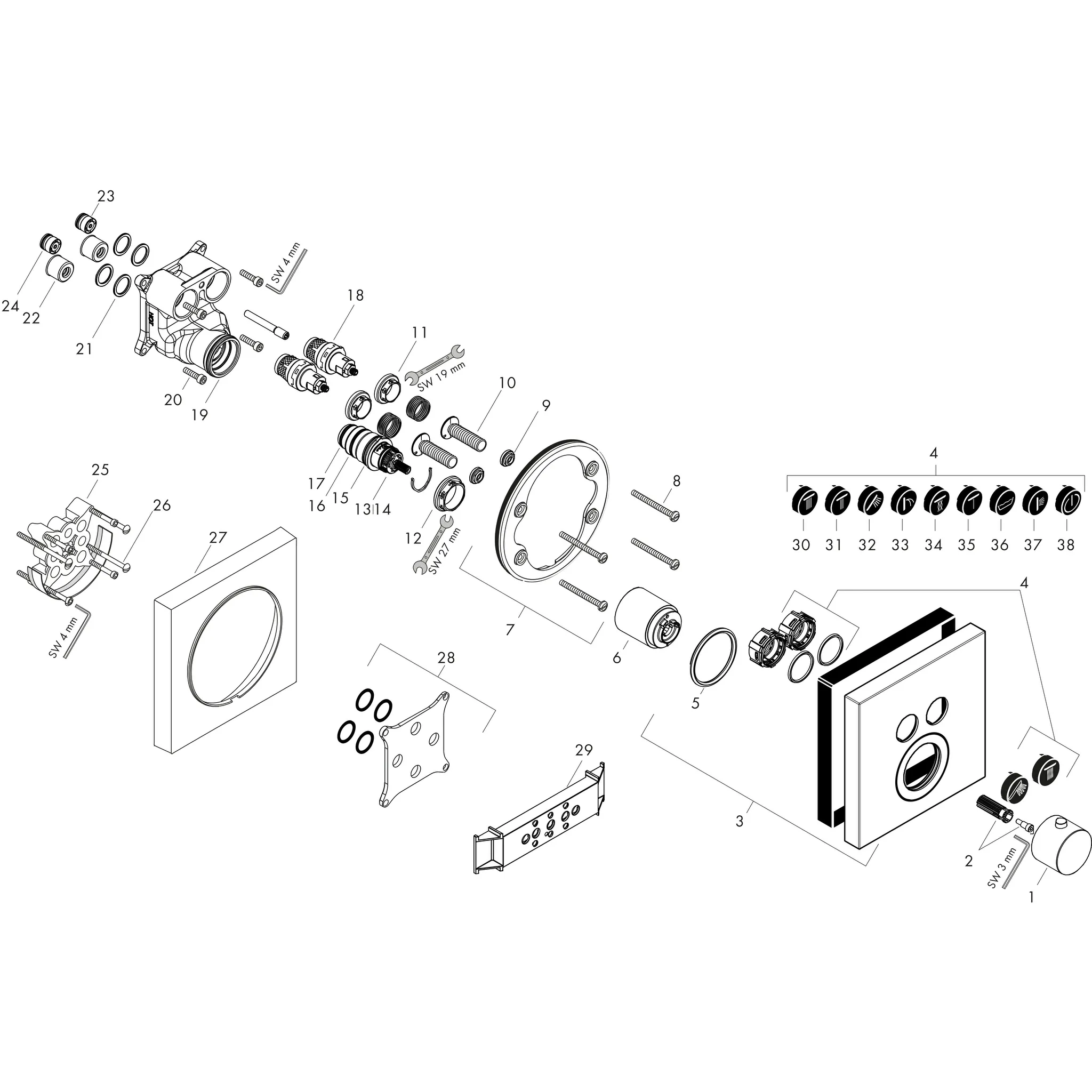 Thermostat UP Axor ShowerSelect Fertigset 2 Verbraucher quadratisch chr.