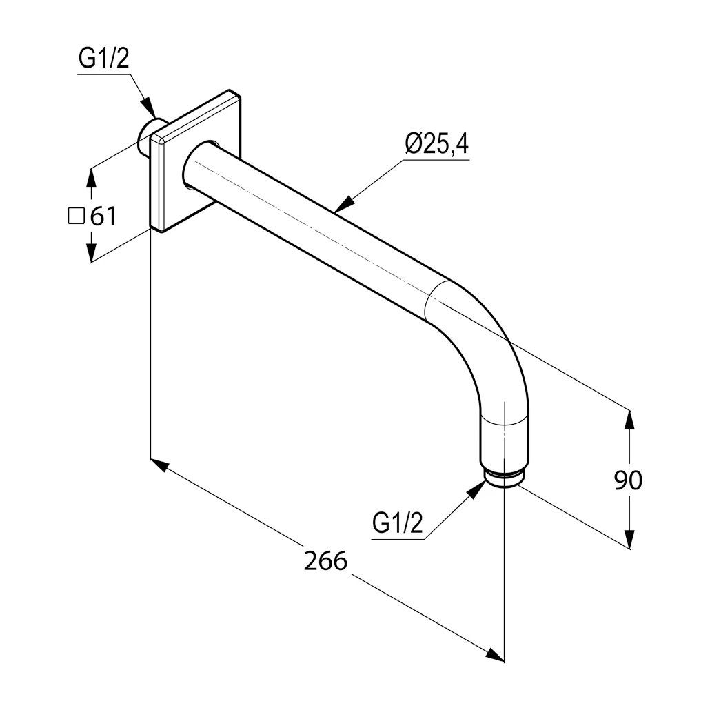 A-QA Wand-Brausearm 250 mm eckige Wandrosette chrom