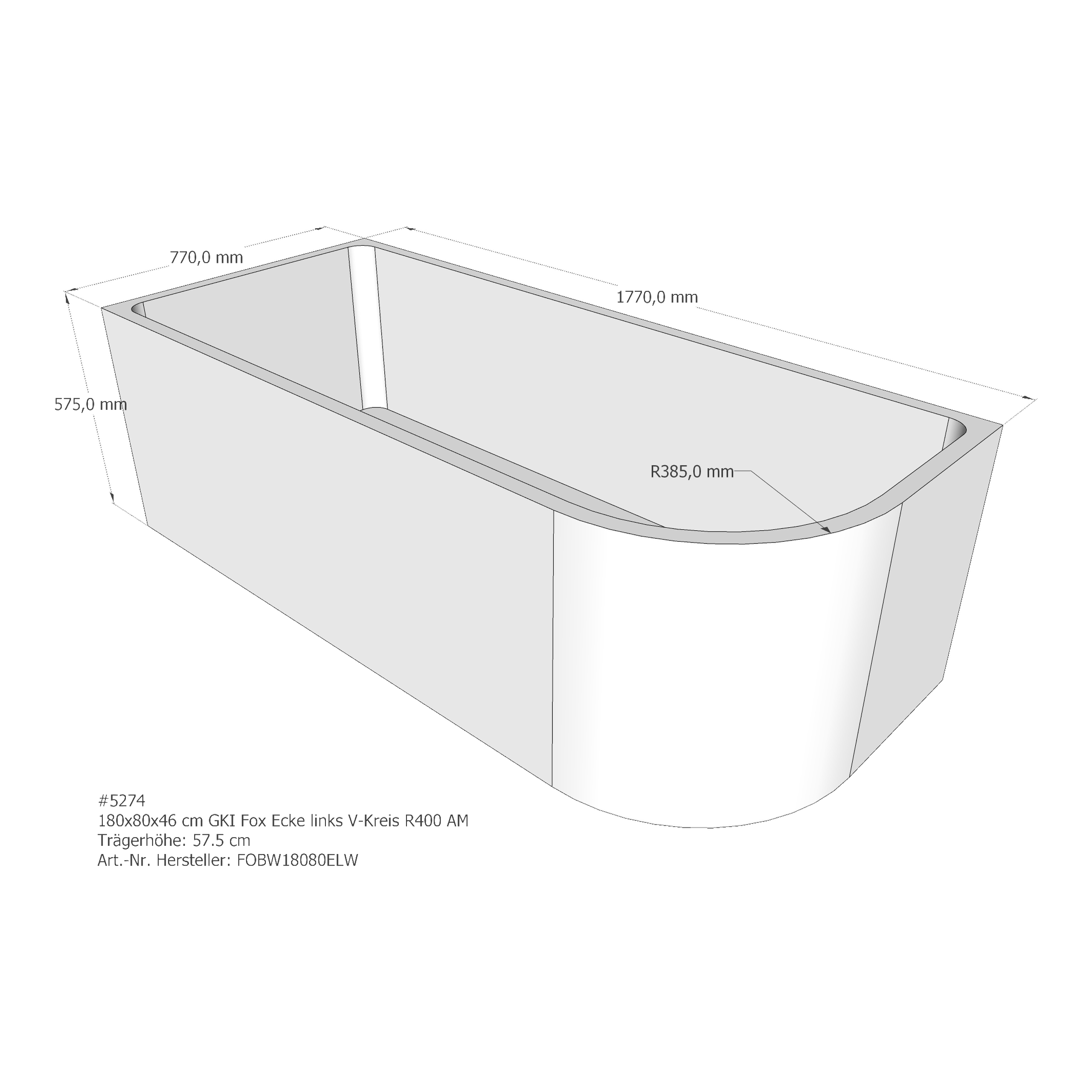 Duschwannenträger GKI Fox Ecke links 180x80x46 cm V-Kreis R400 AM