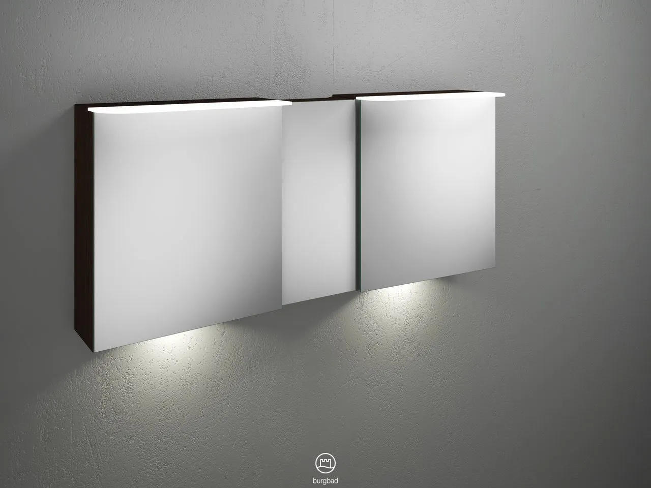 Badu Spiegelschrank SFUF150 von burgbad - 310 mm tief, 1.500 mm breit, 665 mm hoch mit 3 beidseitig verspiegelten Spiegeln und LED-Beleuchtung Badu Spiegelschrank SFUF150 von burgbad - 310 mm tief, 1.500 mm breit, 665 mm hoch mit 3 beidseitig verspiegelten Spiegeln und LED-Beleuchtung