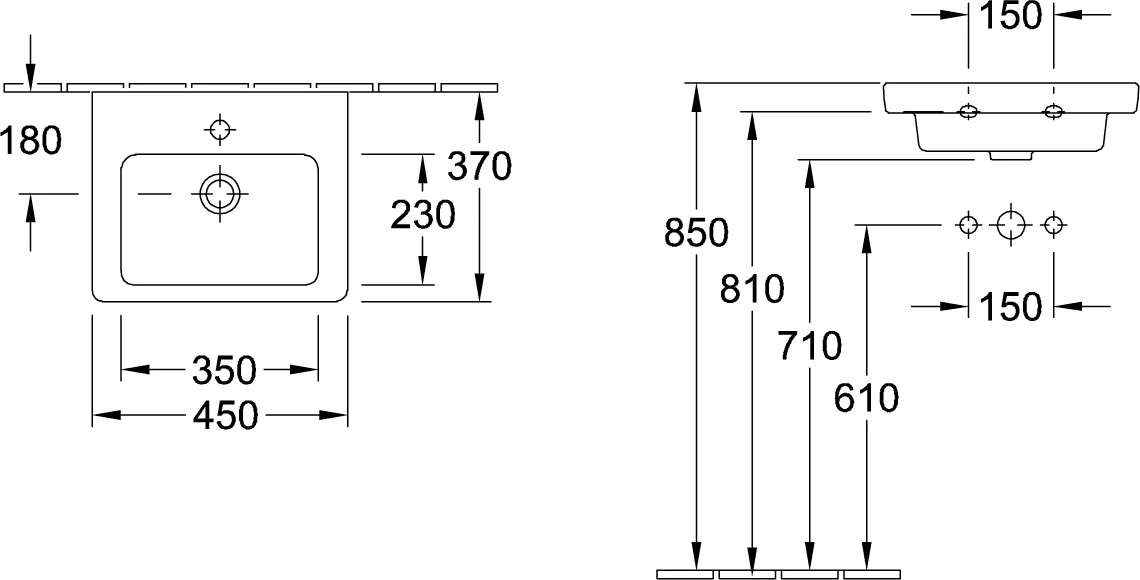 Villeroy & Boch Handwaschbecken Subway 2.0 7315F5, Rechteck, 450x370mm, 1HL. m. ÜL., Weiß Alpin