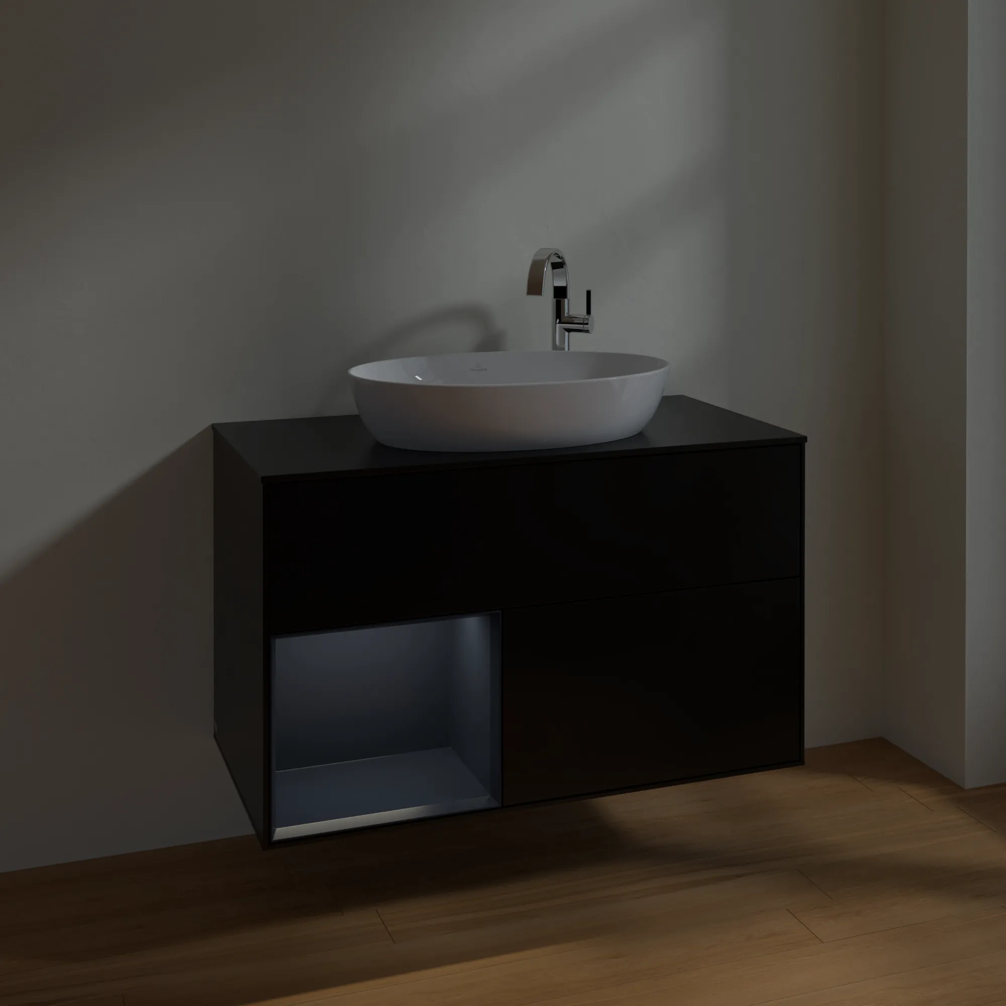 Villeroy & Boch Waschbeckenunterschrank Finion F89, 1000x603x501 mm, Black Matt Lacquer mit Midnight Blue Regal, Beleuchtung dimmbar, SoftClosing, Push-to-open, 2 Auszüge Villeroy & Boch Waschbeckenunterschrank Finion F89, 1000x603x501 mm, Black Matt Lacquer mit Midnight Blue Regal, Beleuchtung dimmbar, SoftClosing, Push-to-open, 2 Auszüge