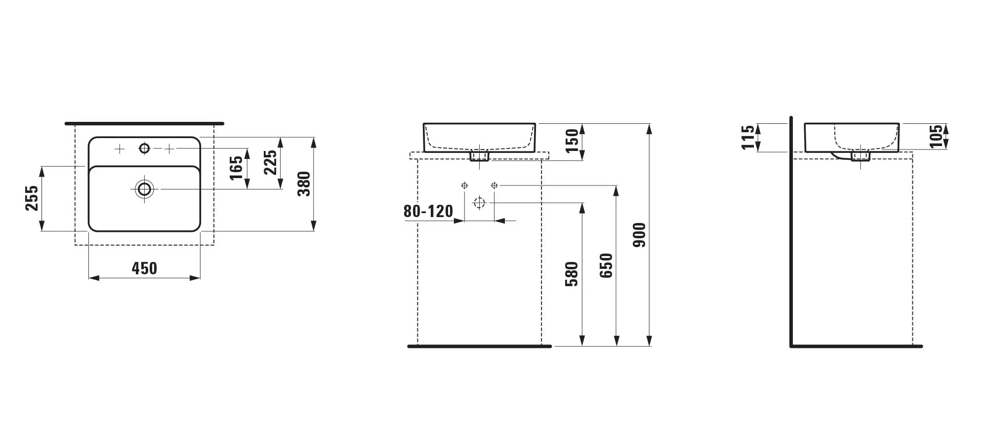 Waschtisch-Schale VAL 380x450x150 mit Armaturenbank 1 Hahnloch mit Überlauf weiß