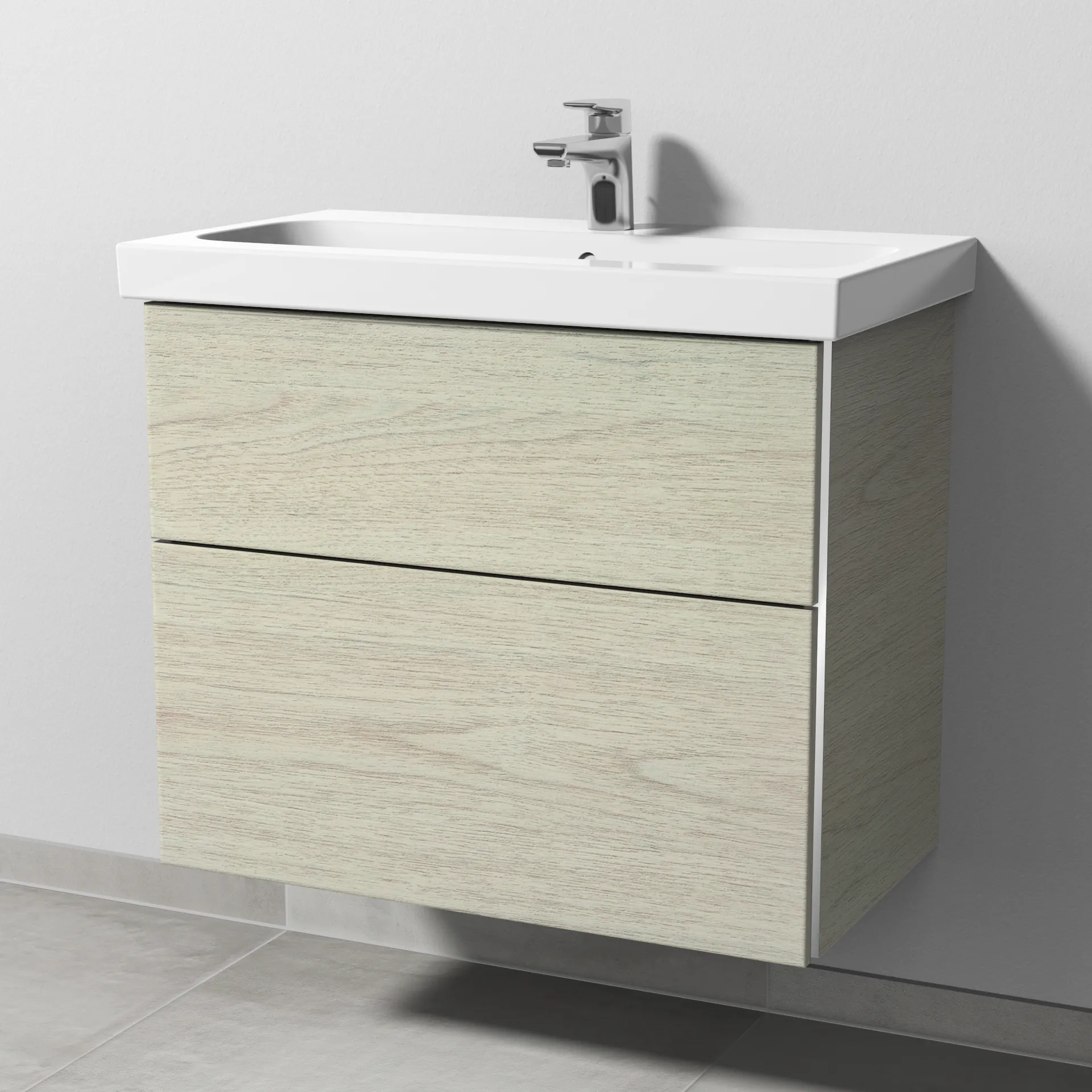 Sanipa Waschtischunterschrank „3way“ passend zu Keramik-Waschtische iCon Light von Geberit 700 × 591 × 407 mm in White Oak, Becken mittig, mit