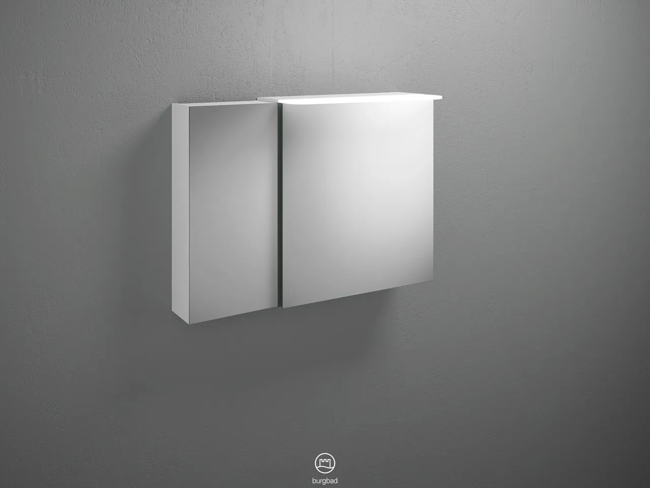 Spiegelschrank Badu von burgbad - 900 mm breit, 310 mm tief, 665 mm hoch mit LED-Aufsatzleuchte und beidseitig verspiegelten Spiegeltüren