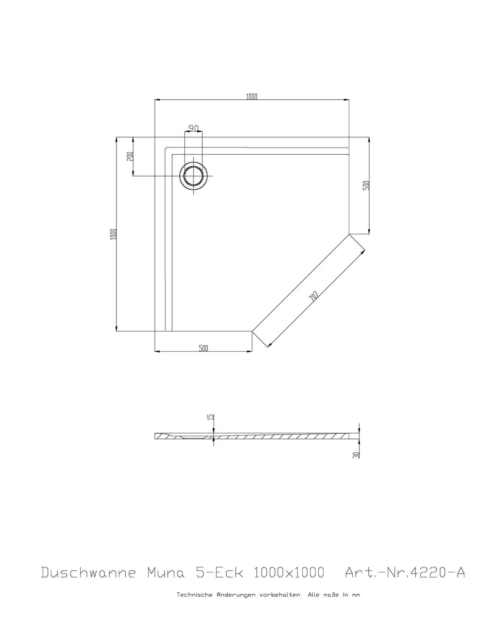 Duschwanne „Muna“ Fünfeck 100 × 100 cm in Steingrau Duschwanne „Muna“ Fünfeck 100 × 100 cm in Steingrau