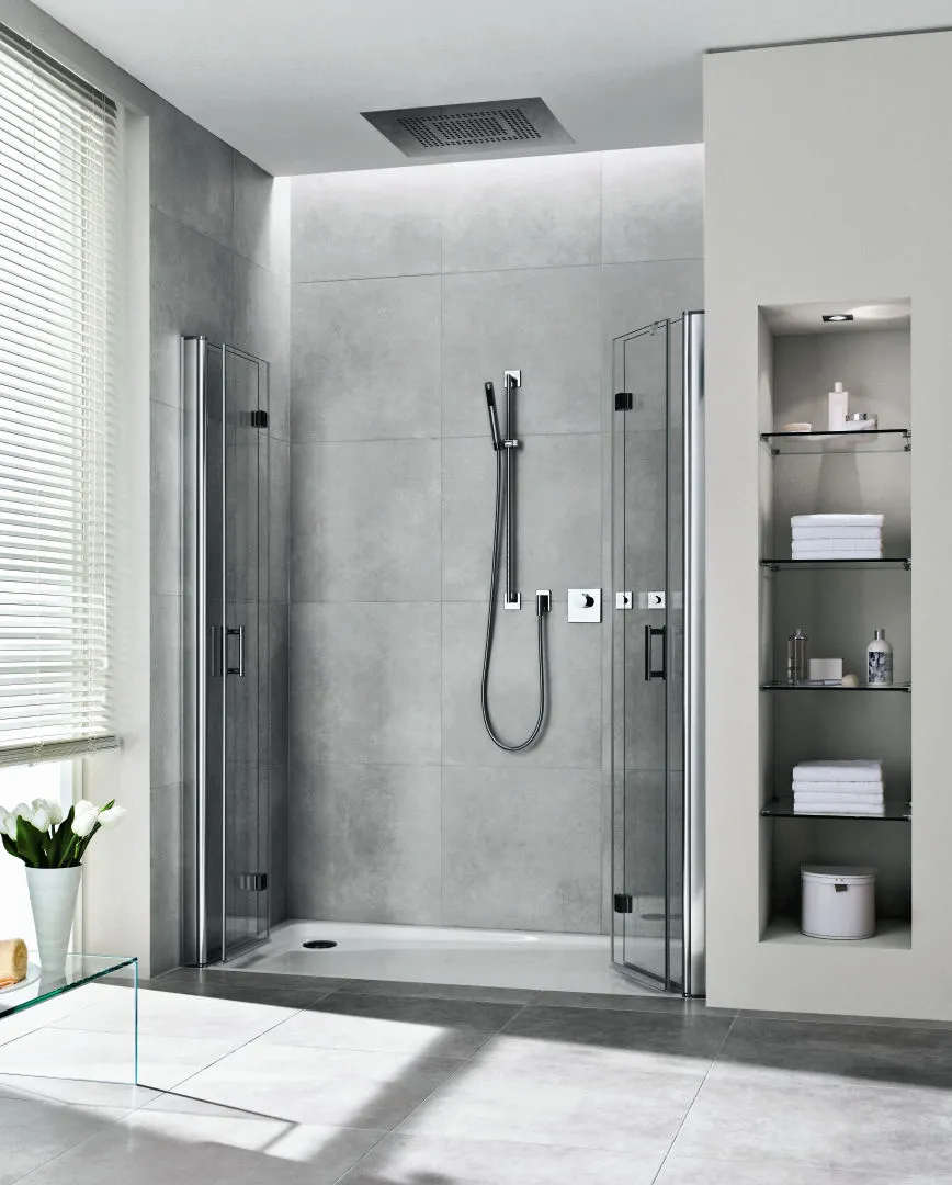 Kermi Pendel-Falttür 4-teilig für Nische „Diga“ Glas Klar, Profile Silber Hochglanz, Falttür BV: 1168 - 1208 mm WE: 1168 - 1208 mm H: 1850 mm Kermi Pendel-Falttür 4-teilig für Nische „Diga“ Glas Klar, Profile Silber Hochglanz, Falttür BV: 1168 - 1208 mm WE: 1168 - 1208 mm H: 1850 mm