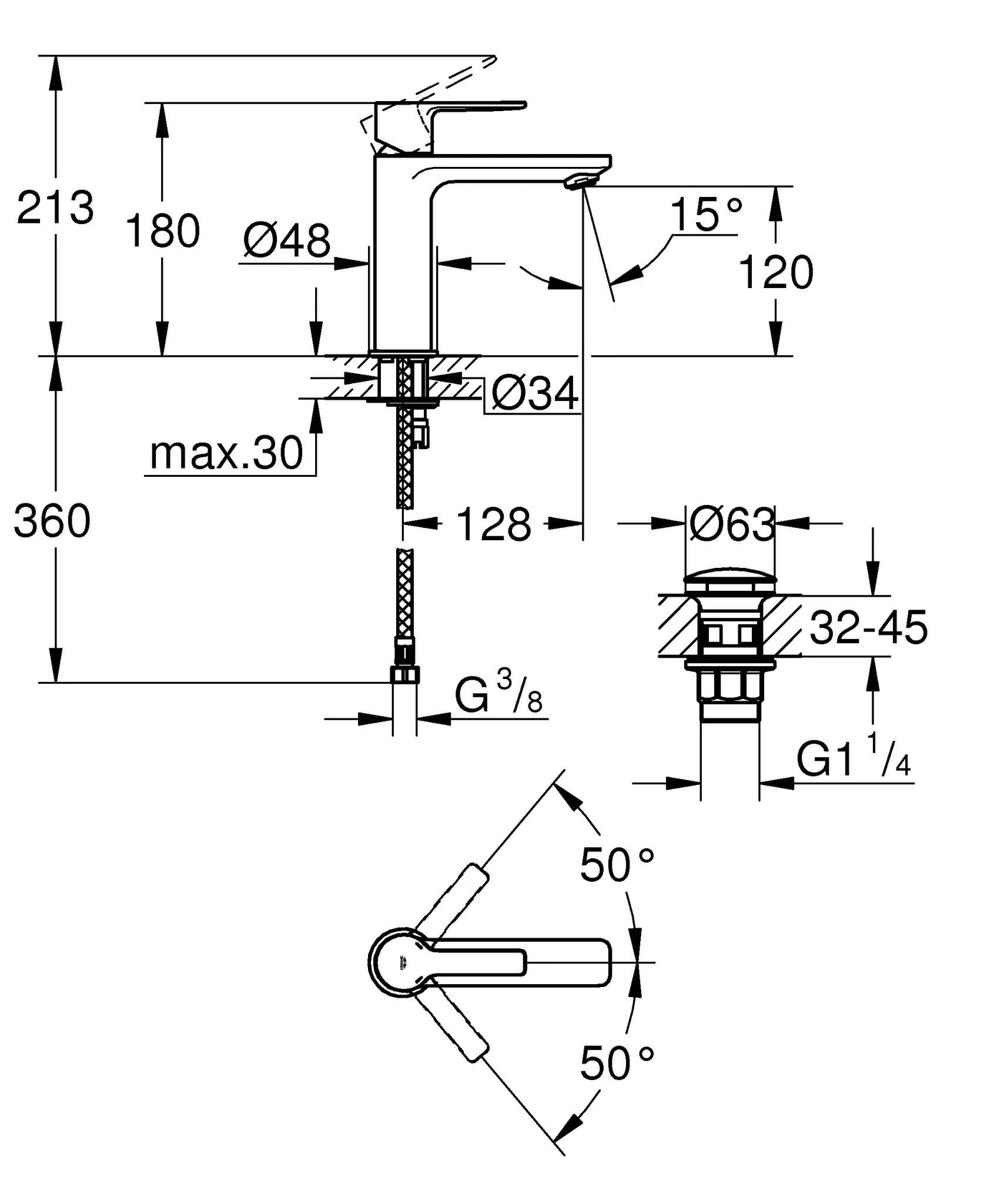Einhand-Waschtischbatterie Lineare 23106_1, S-Size, Einlochmontage, glatter Körper, Push-open Ablaufgarnitur 1 1/4″, chrom Einhand-Waschtischbatterie Lineare 23106_1, S-Size, Einlochmontage, glatter Körper, Push-open Ablaufgarnitur 1 1/4″, chrom