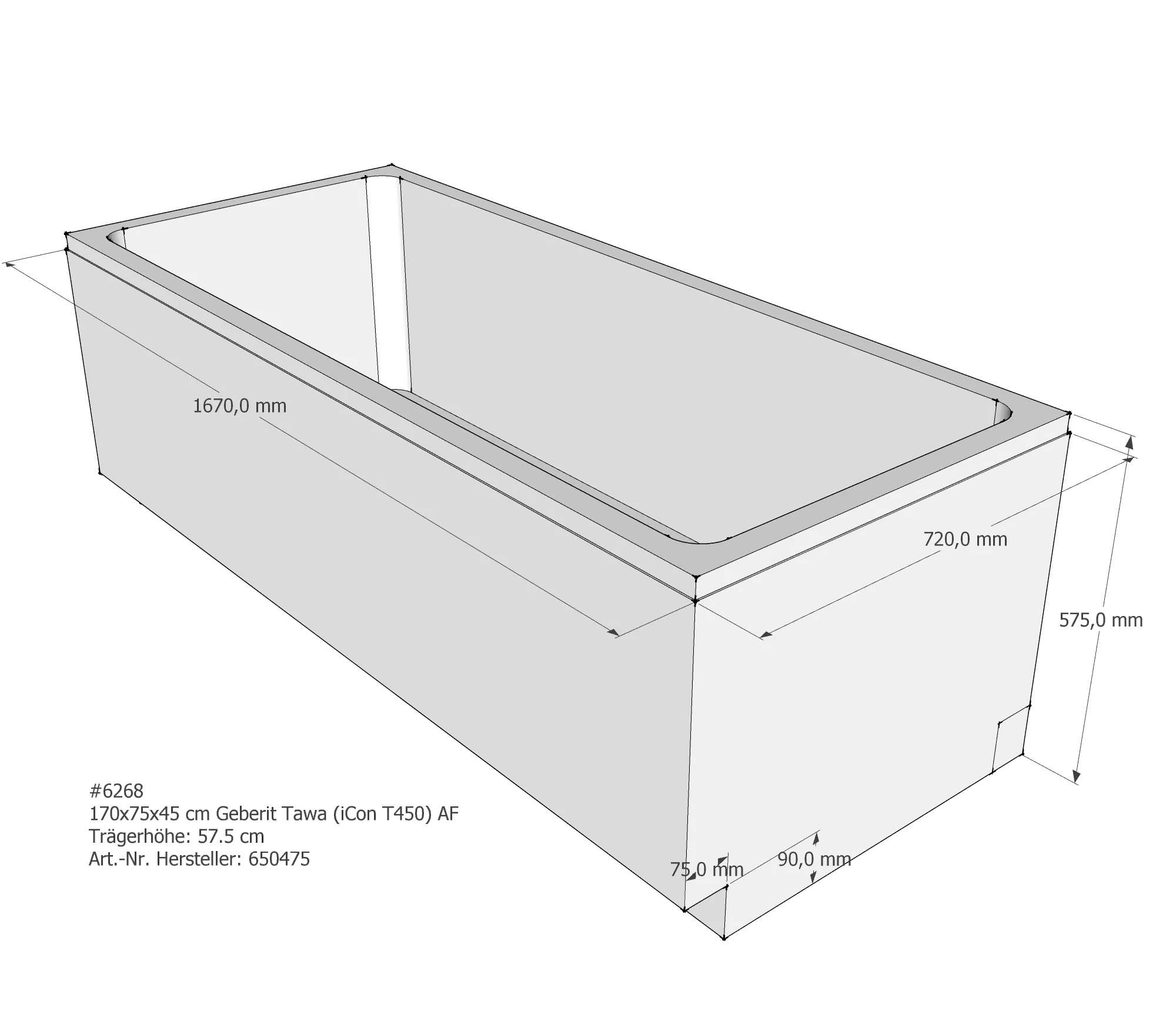 Badewannenträger für Geberit Tawa (iCon T450) 170 × 75 × 45 cm Badewannenträger für Geberit Tawa (iCon T450) 170 × 75 × 45 cm