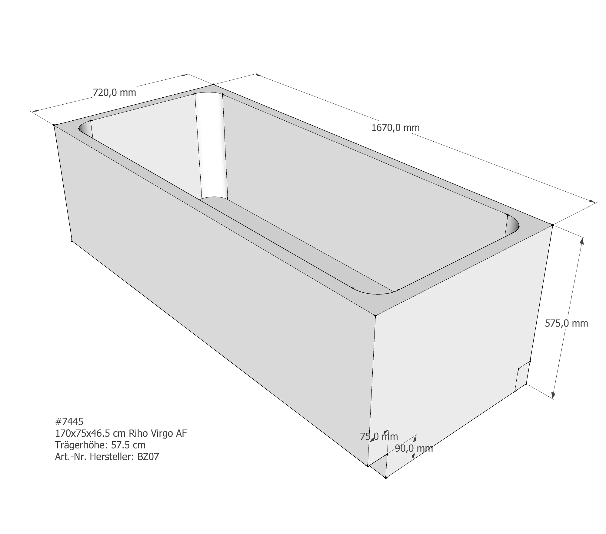 Badewannenträger für Riho 170 × 75 × 46,5 cm