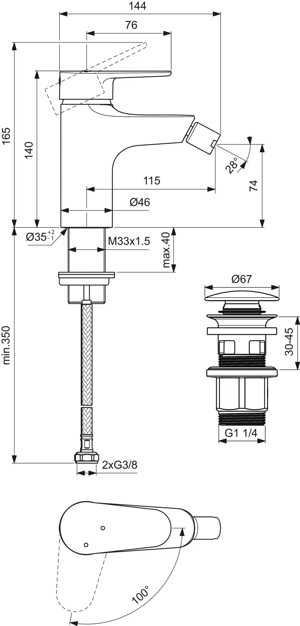 Ideal Standard Bidetarmatur Alu+ Ausladung 115mm BlueStart mit Ablaufgarnitur Silver
