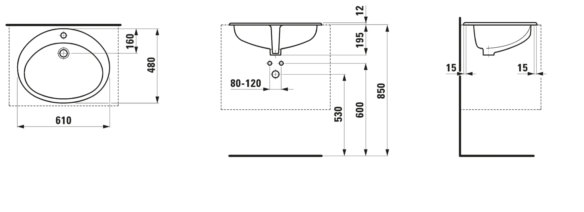 Einbauwaschtisch von oben INDOVA 480x610x195 1 Hahnloch mit Überlauf vorne weiß