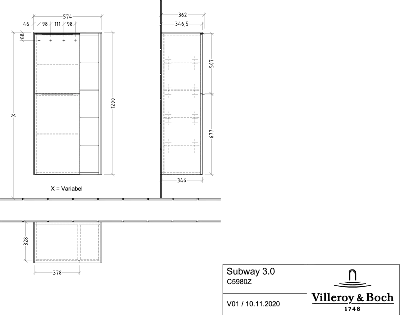 Villeroy & Boch Set aus Hochschrank C59100VQ und Mittelschrank C59800VQ „Subway 3.0“ in Marine Blue - B-Ware - Sonderangebot