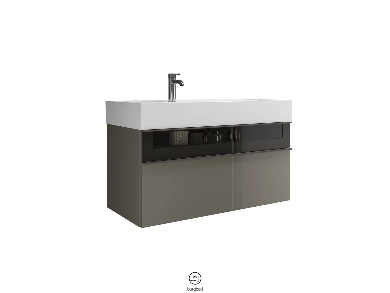 Mi-Waschtisch inkl. WTU Yumo von burgbad – Mineralguss, 470x1015x610 mm, 1 Schublade, 1 Auszug, Rauchglaseinsatz Mi-Waschtisch inkl. WTU Yumo von burgbad – Mineralguss, 470x1015x610 mm, 1 Schublade, 1 Auszug, Rauchglaseinsatz