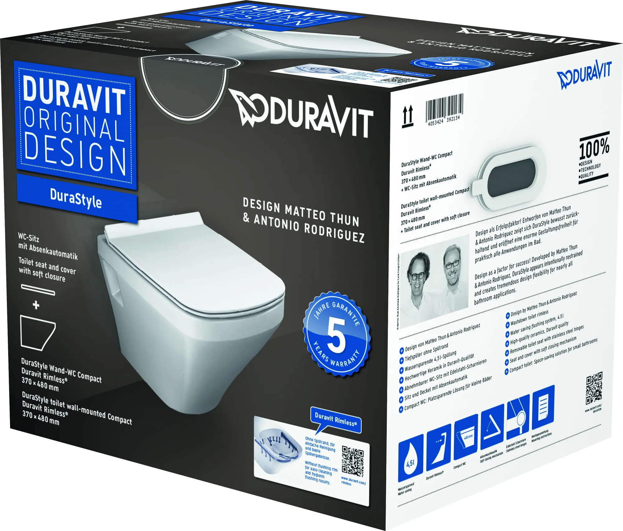 Duravit Wand-Tiefspül-WC Compact inkl. WC-Sitz „DuraStyle“ 37 × 48 × 39,8 cm, Befestigung sichtbar