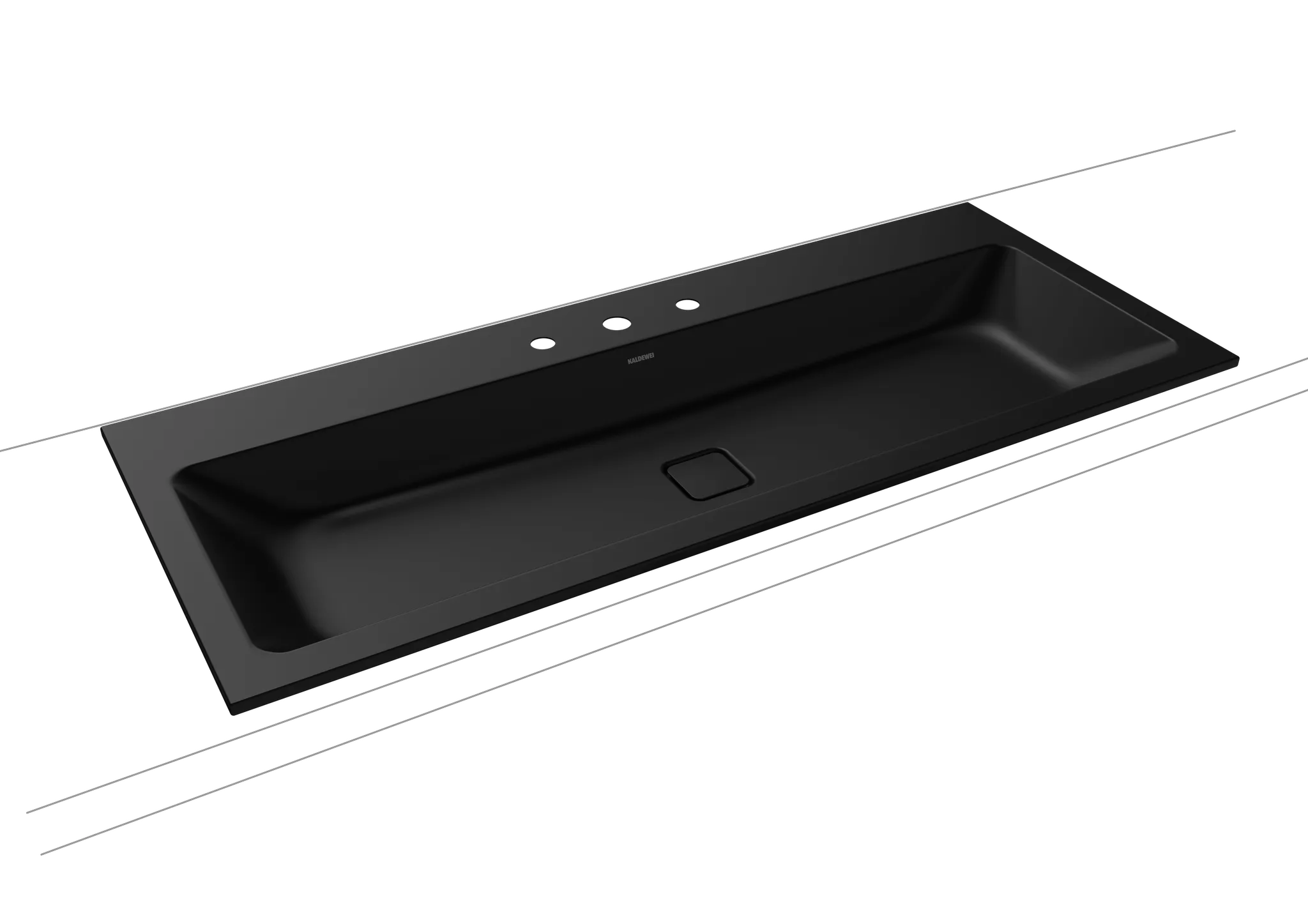 Einbauwaschtisch „Cono“ 120 × 50 cm, ohne Überlauf, mittig, mit Hahnlochbohrung in schwarz matt mit Perl-Effekt Einbauwaschtisch „Cono“ 120 × 50 cm, ohne Überlauf, mittig, mit Hahnlochbohrung in schwarz matt mit Perl-Effekt