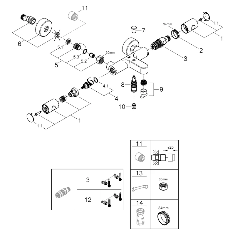 Grohe Grohtherm 800 Cosmopolitan Thermostat-Wannenbatterie ½ Wandmontage chrom Grohe Grohtherm 800 Cosmopolitan Thermostat-Wannenbatterie ½ Wandmontage chrom