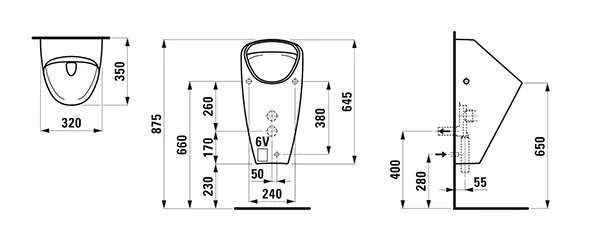 Absaugeurinal CAPRINO PLUS 350x320x645, spülrandlos, Wasserzulauf innen mit elektronischer Steuerung Batteriebetrieb (9V) mit Bluetooth weiß