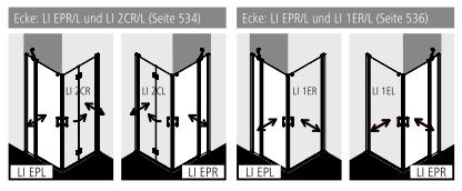 Kermi Duschtür Eckeinstieg 2-teilig (Pendeltüren mit Festfeldern) Halbteil rechts „LIGA“ 200 cm Profile Silber Mattglanz, Drehtür zweiteilig