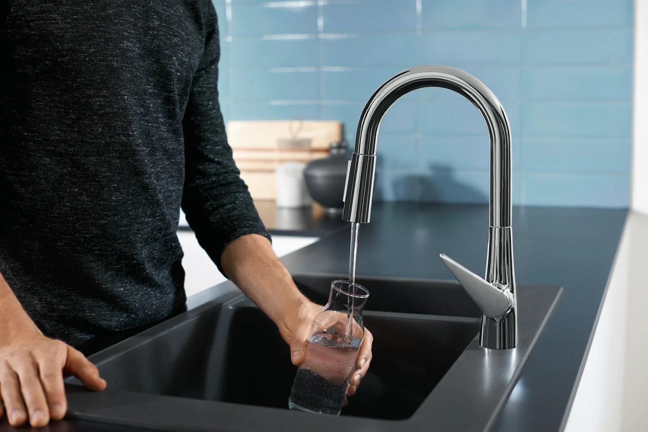 Hansgrohe Einbauspüle S51 Serie, Steingrau, 750 x 490 mm Ausschnitt, 80 cm Unterschrank, Aufbau, 1 Hauptbecken + 1 Zusatzbecken